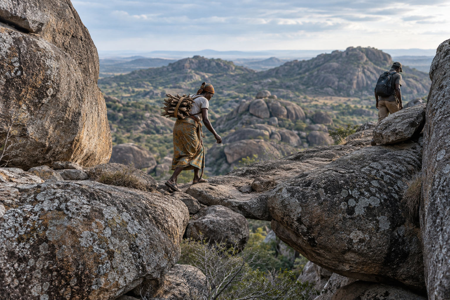 Two people moving through a difficult granite landscape under load, a visual metaphor for testing what a project can support.