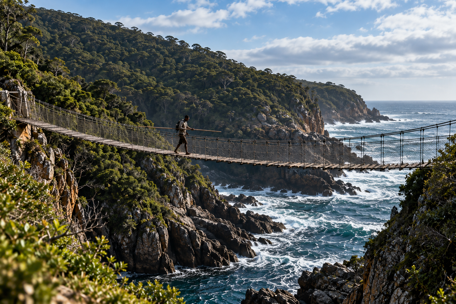 A person crosses a suspension bridge above a rugged coast, using a long pole for balance.