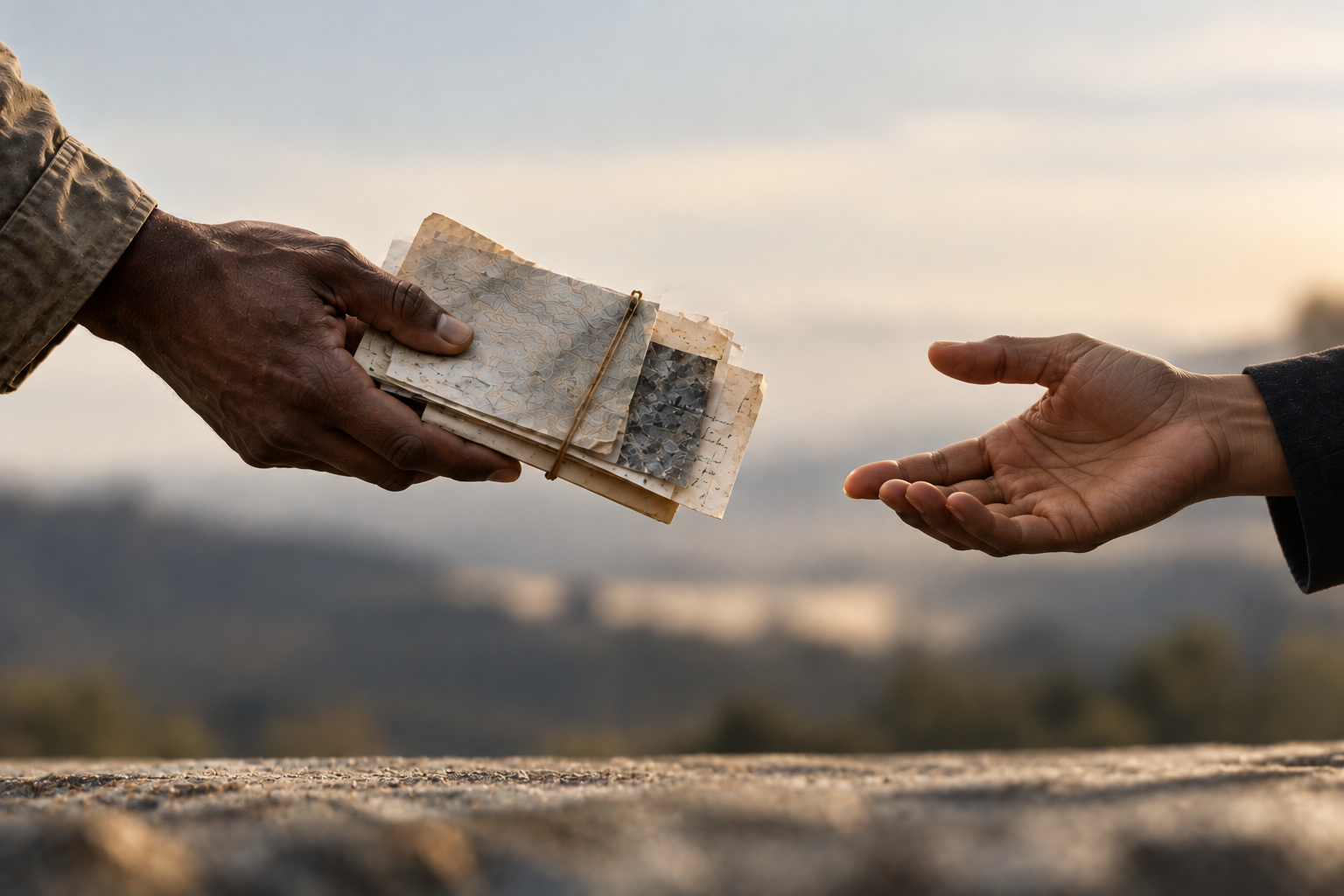 One person offers an incomplete project record while another reaches to receive it, leaving the handoff visibly unfinished.